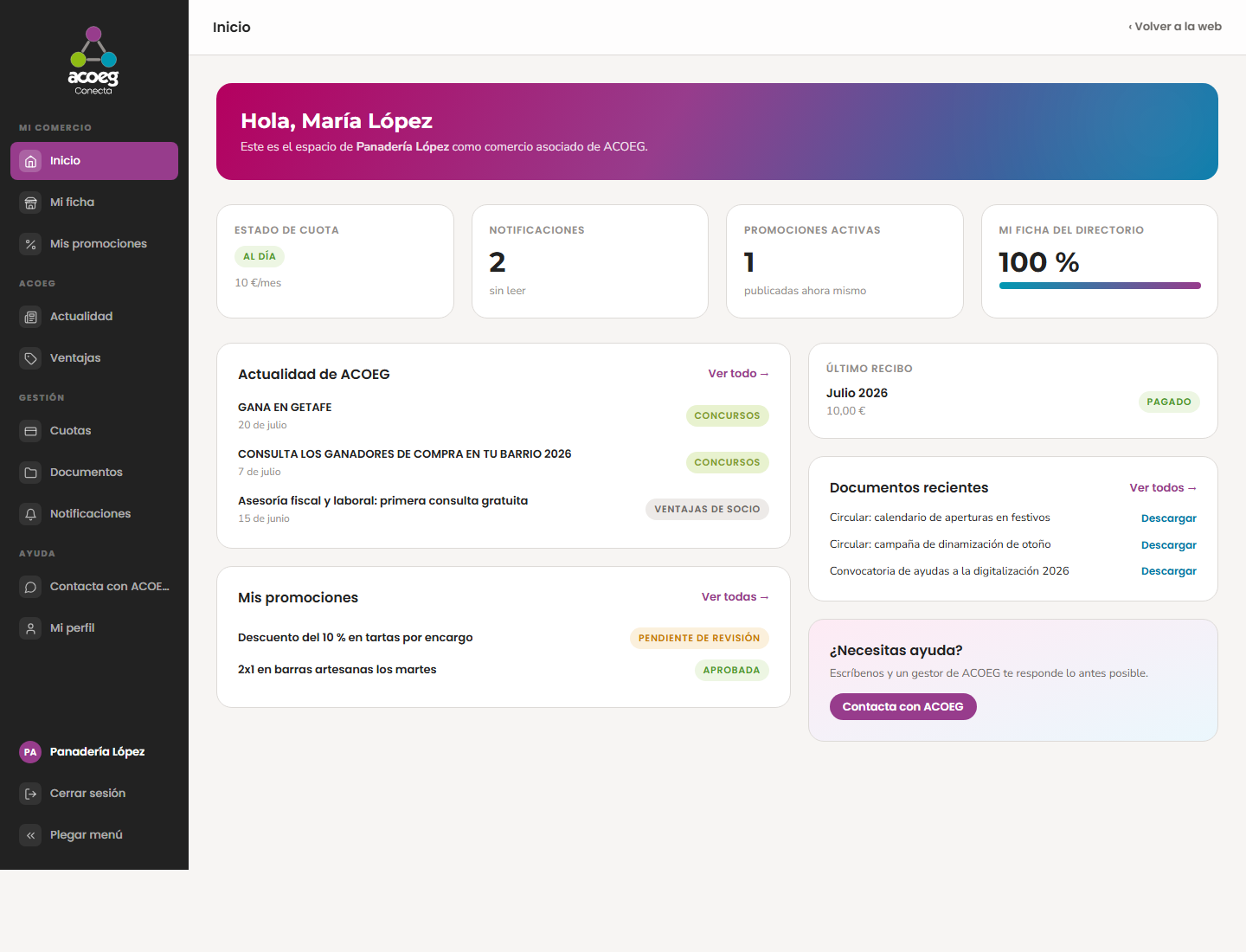 Pantalla real del portal del socio de ACOEG Conecta